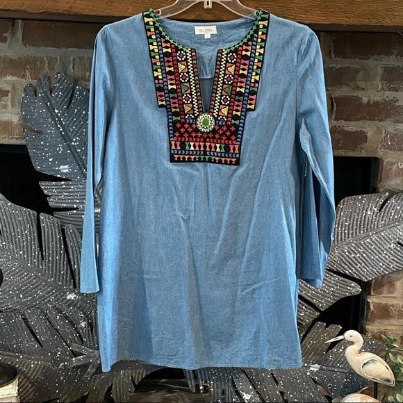 VELZERA Size S Embroidered Colorful Denim Bohemian Tunic/Dress - Picture 2 of 5